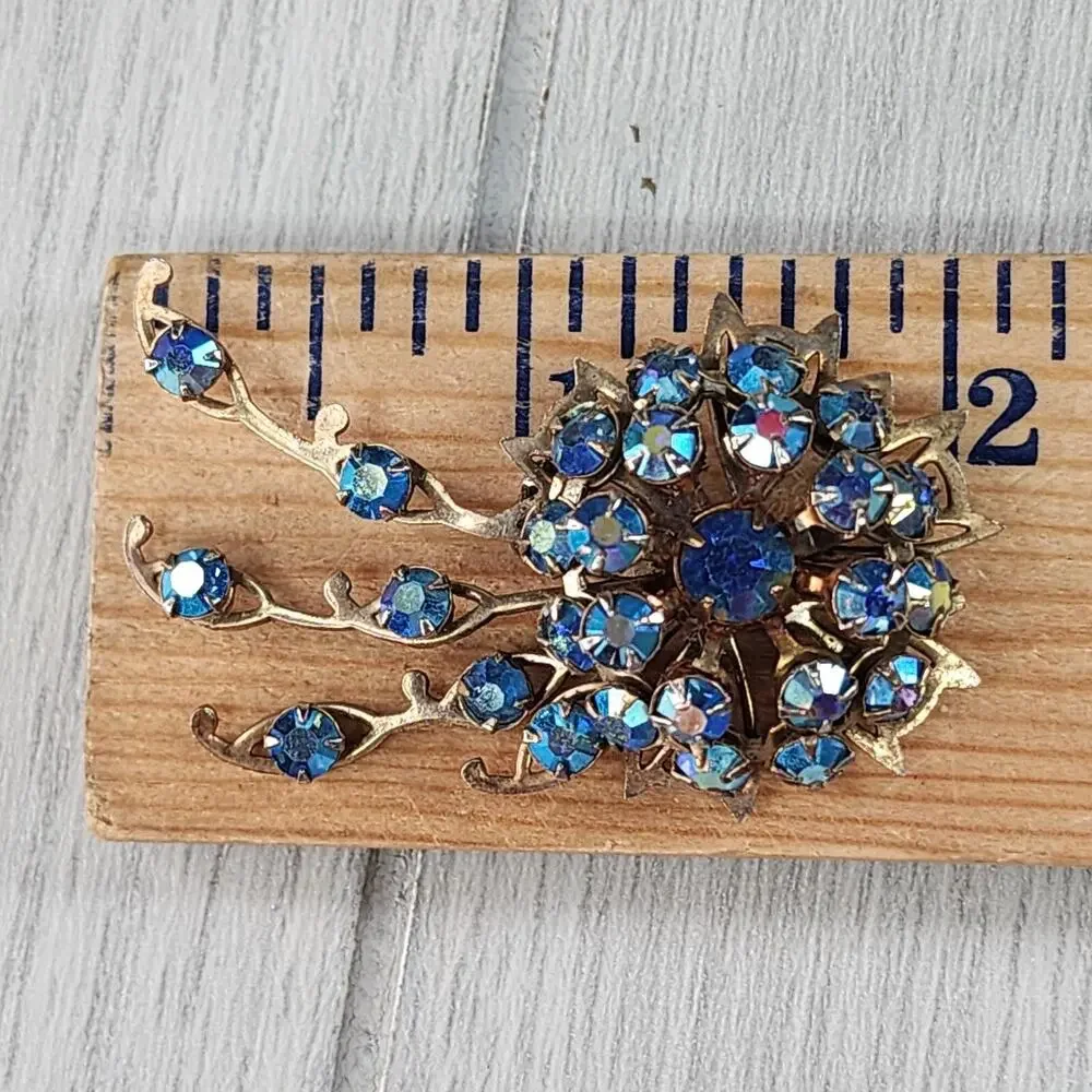 Vintage Lapel Brooch Pin Triple Layer Blue Rhinestone Crystal Flower Gold Tone